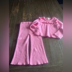 Btween pink knitted 2pc outfit long-sleeve, ruffle-trim top, flared pants. 2T